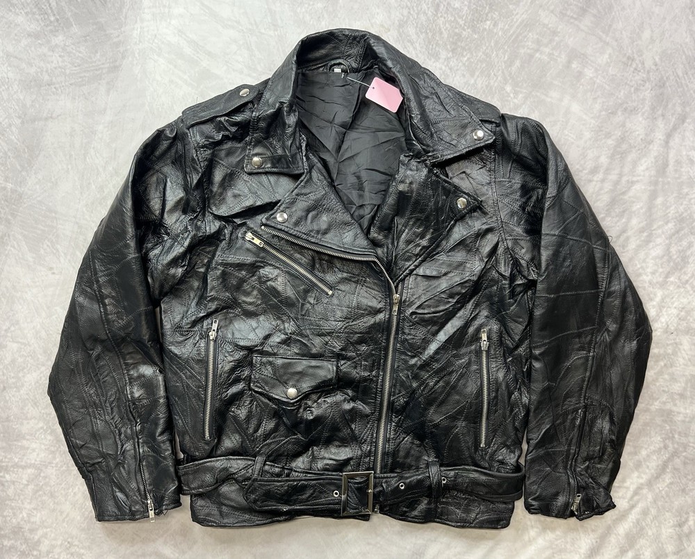 Vintage Motorcycle Jacket Mens Medium Black Leather Patchwork Biker Moto Belted