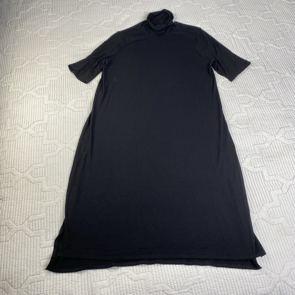 Eileen Fisher Drape Neck Knee Length Viscose Jersey Dress Sz M Black Minimalist