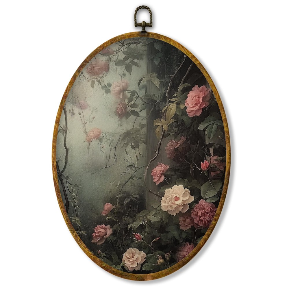 Vintage Moody Pink Rose Oval Wall Art Framed, Dark Academia Floral Oval Wall ...