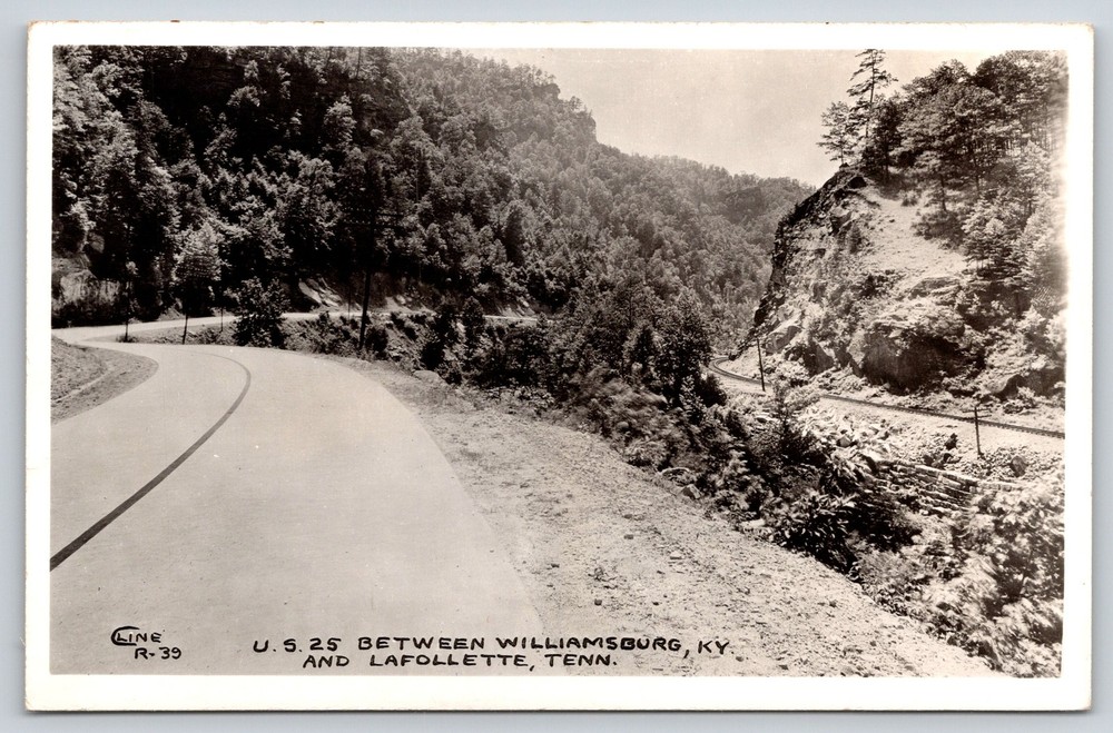 RPPC~Kentucky~Tennessee~US 25 Road~Railroad~Telephone Poles~Cliff~1940s Postcard