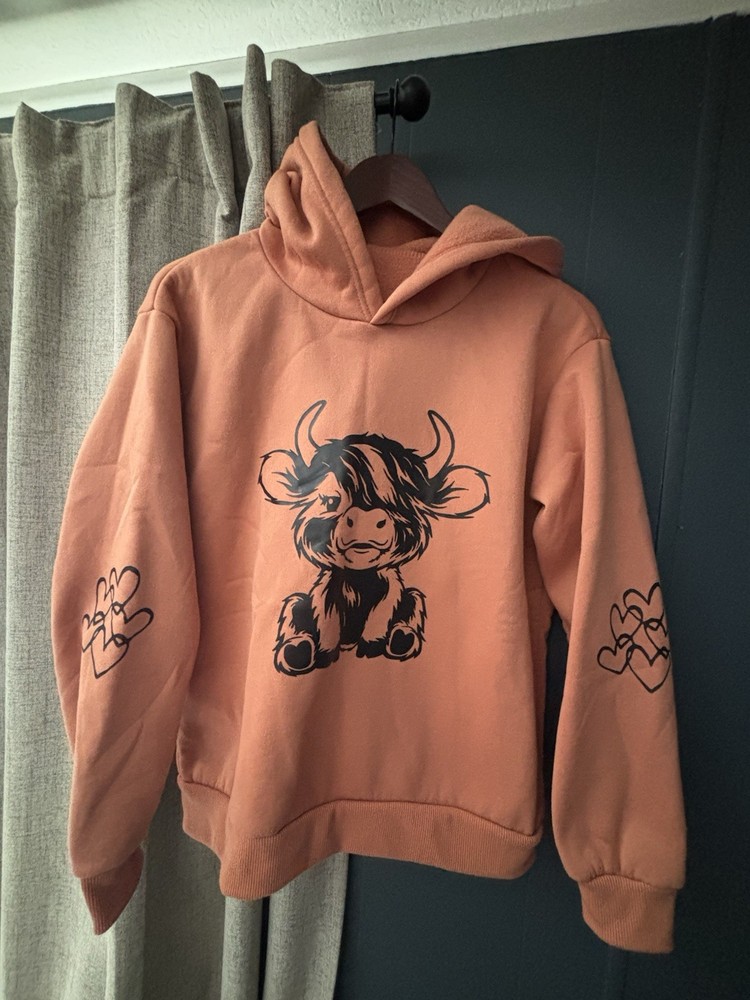 Cow Heart Graphic Print Pullover Hoodie Orange Crew Neck Long Sleeve S
