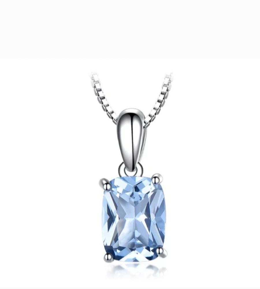 Sterling Silver 925 Natural Blue Topaz Princess-Cut Pendant Necklace