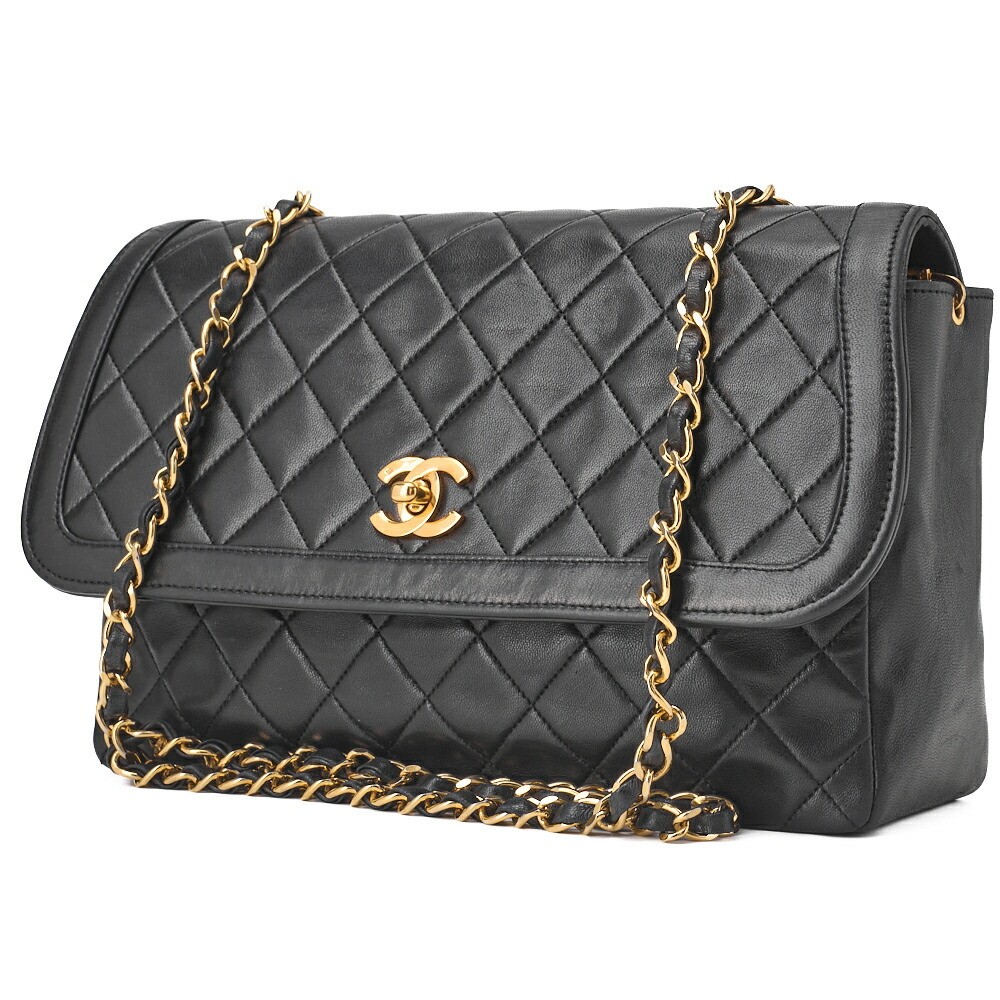 CHANEL Lambskin Matelasse Flap Shoulder Bag with Chain in Black