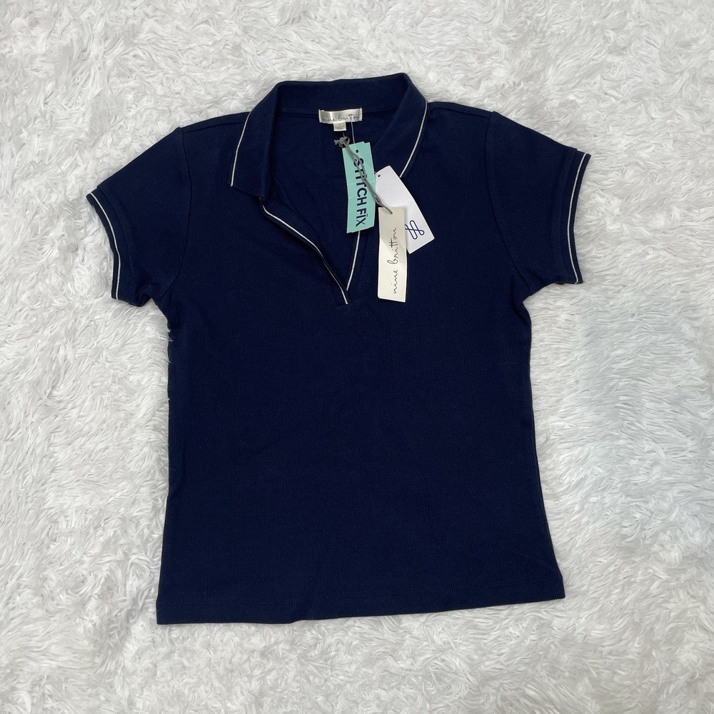 Nine Britton Harley Collared Knit Top Women’s Size M Medium Navy Blue Polo Shirt