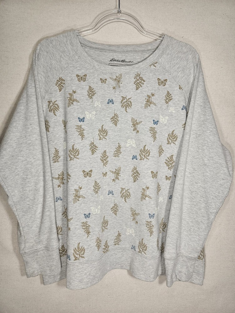 Eddie Bauer Women's Legend Wash Gray 2XL Butterfly & Fern Sweatshirt Pullover