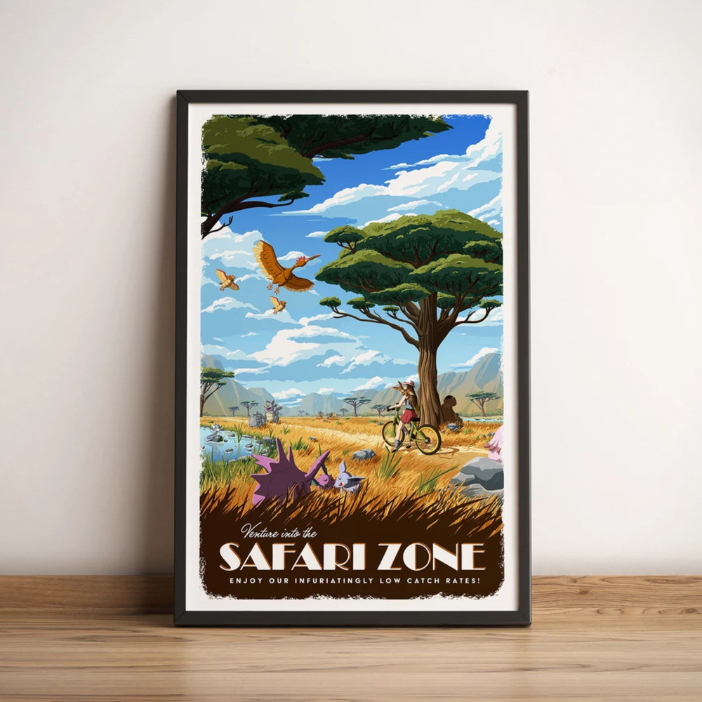 Safari Zone Pokemon Poster Retro Travel Gaming Wall Art Canvas