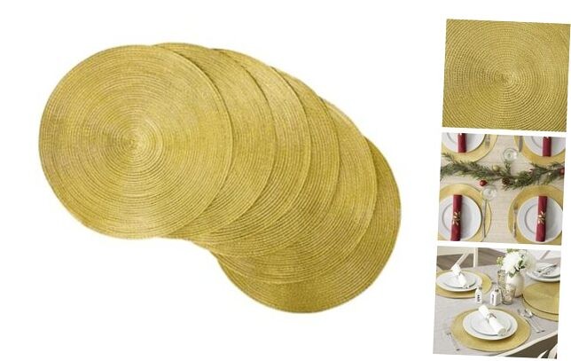 Gold Round Woven Placemat Set Metallic Dining Table Decor 15 Inch 6 Piece