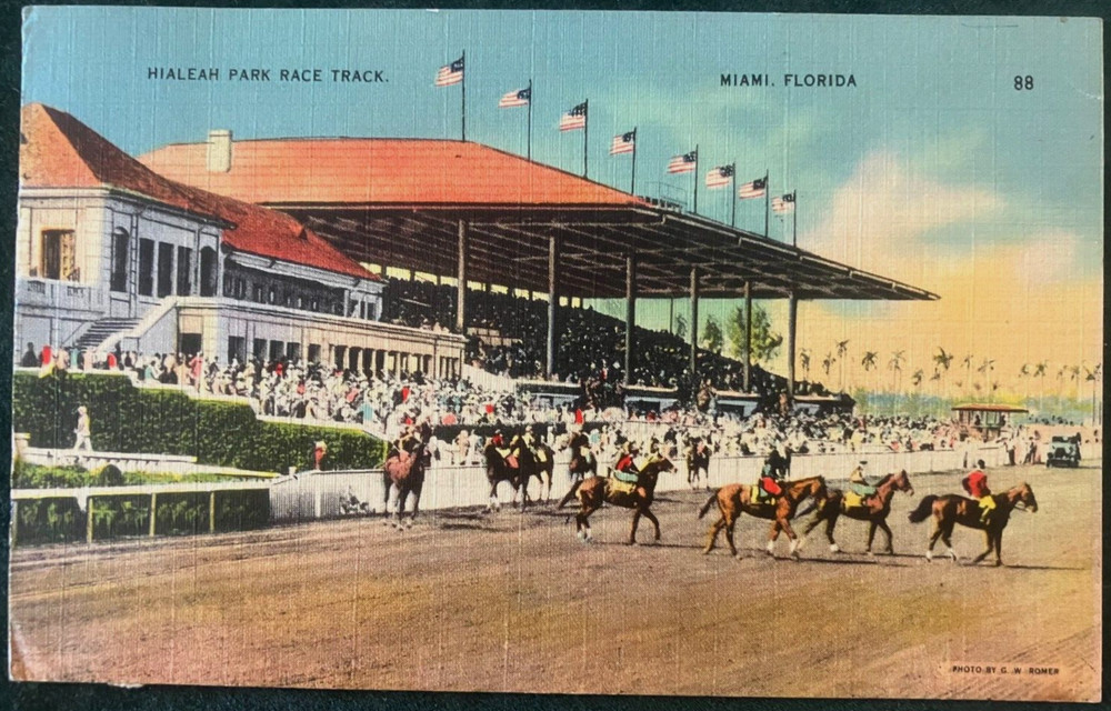 Vintage postcard: Horse racing at Hialeah Park Race Track, Miami, posted 1946