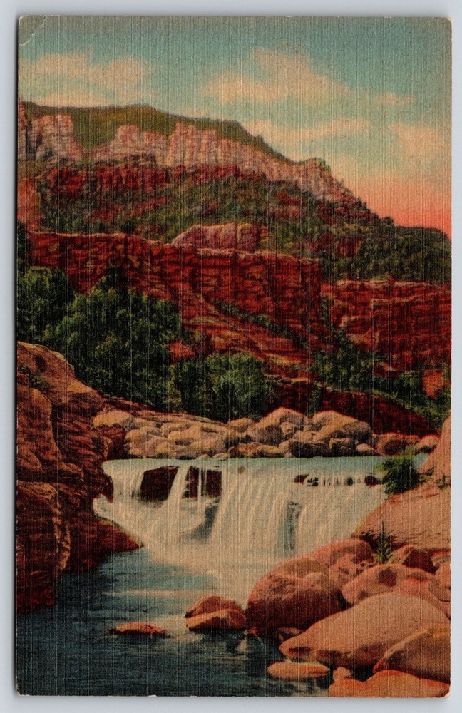Prescott Arizona~Air View Waterfall @ Oak Creek Canyon~Vintage Linen Postcard