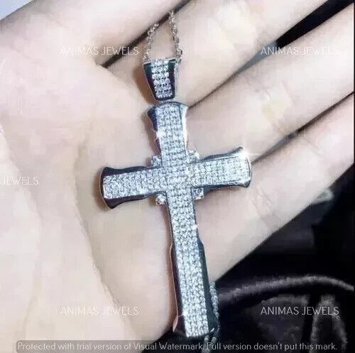 2.20 CT Round Cut Moissanite Men's Cross Pendant Necklace 14K White Gold Plated