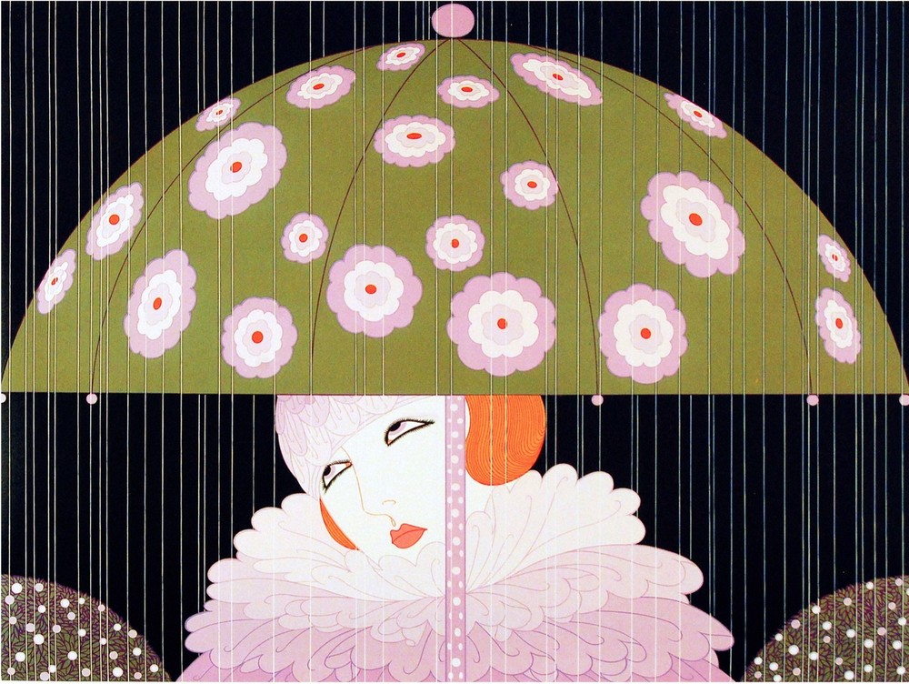 Colorful Woman with Flowered Umbrella in Rain Art Wall Decor Poster