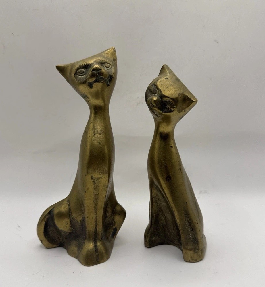Vintage Mid Century Modern Brass Cat Figurines Pair MCM Korea Decor