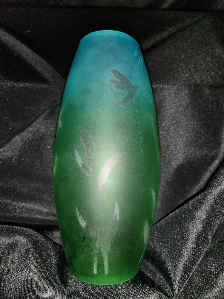 Vintage Ombre Green & Blue Frosted Art Glass Vase 9.5in Tall