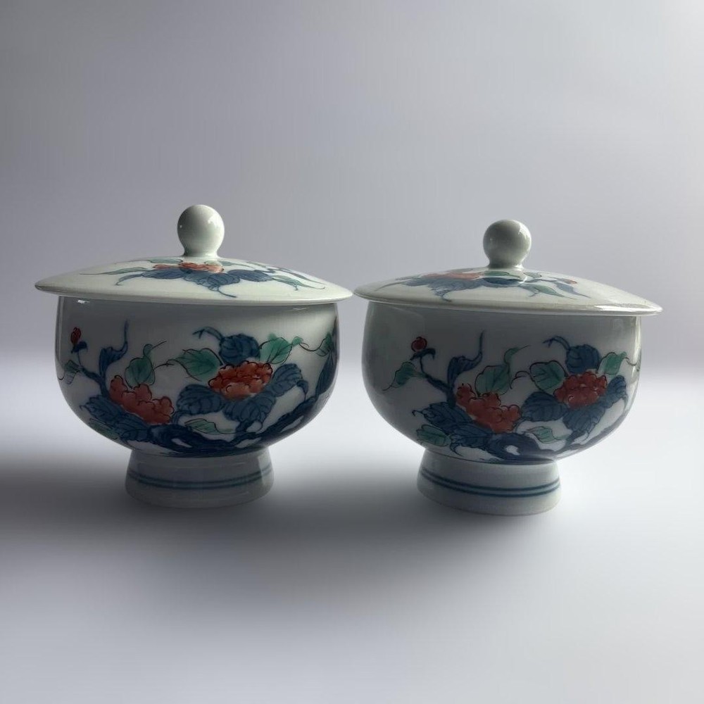 Japanese Blue & Red Glaze Set of 2 Small Bowls with Lids for Kaiseki