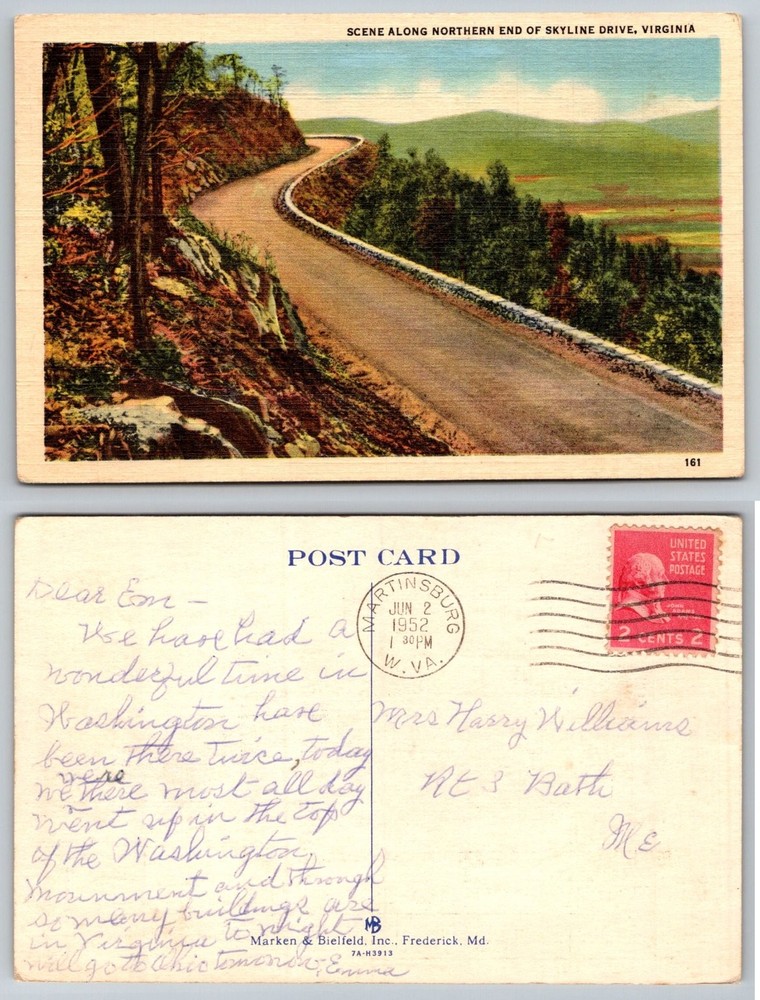 Vintage Linen Postcard Skyline Drive Virginia Blue Ridge Mountains 1952 Postmark