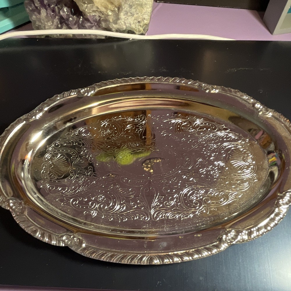 Oval Silver Metal Serving Tray, Embossed Floral, Shiny Finish, Small