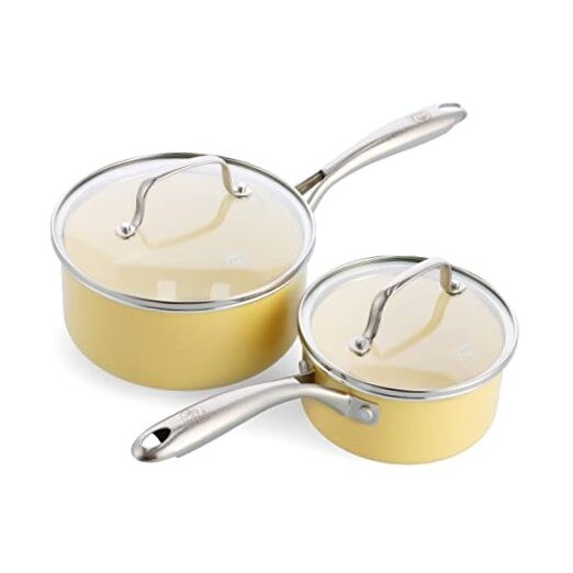 Artisan Healthy Ceramic Nonstick 1QT and 2QT Saucepan Pot Set Yellow Induction