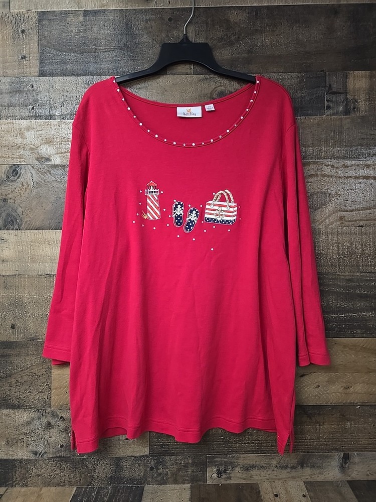 Quacker Factory Red Patriotic Nautical Embroidered Rhinestone Top 2X Americana