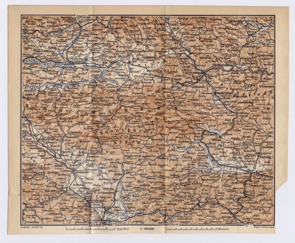 1903 Antique Map Of Northern Slovenia Carniola Kärnten Austria-Hungarian Empire