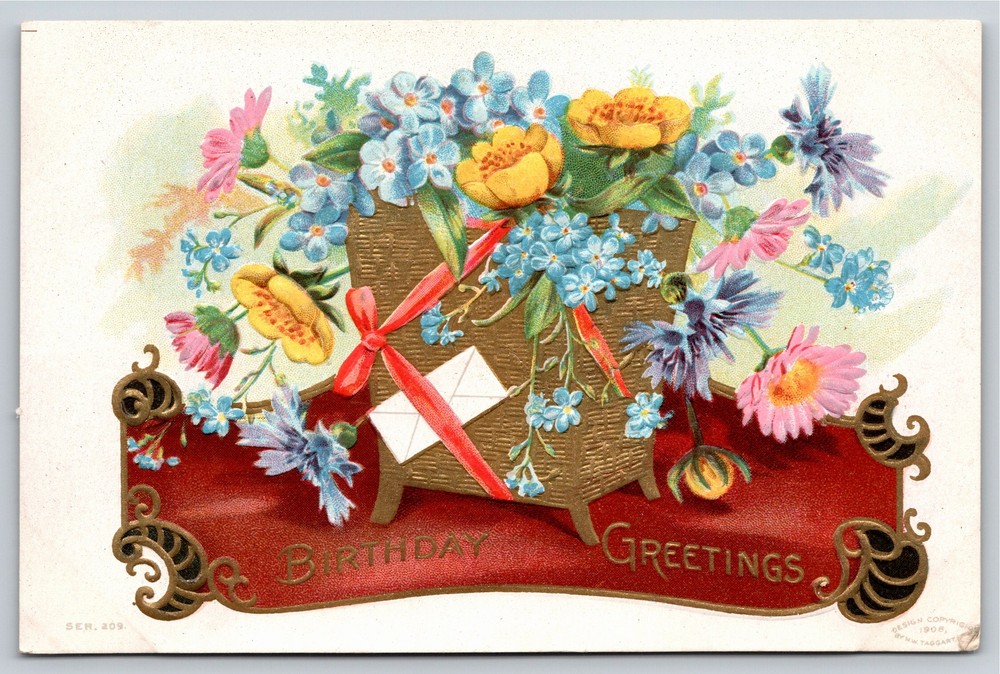 Greetings~Basket of Flowers Red Rectangle & Birthday Greeting~Vintage Postcard