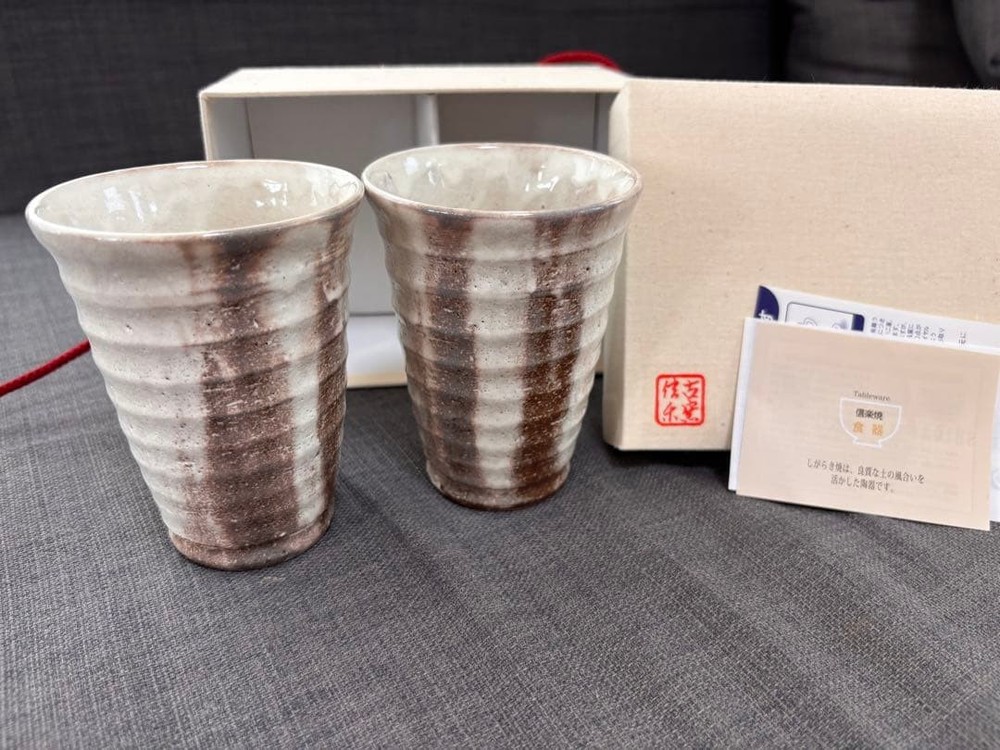 Shigaraki Ware Tea Cup Pair Set with Box Ceramic Traditional Pottery