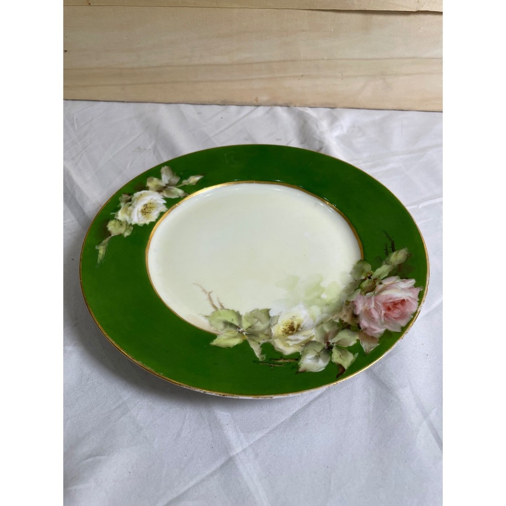 Elite L France Limoges Porcelain Plate Green Hand Painted Pink Roses Gold Rim