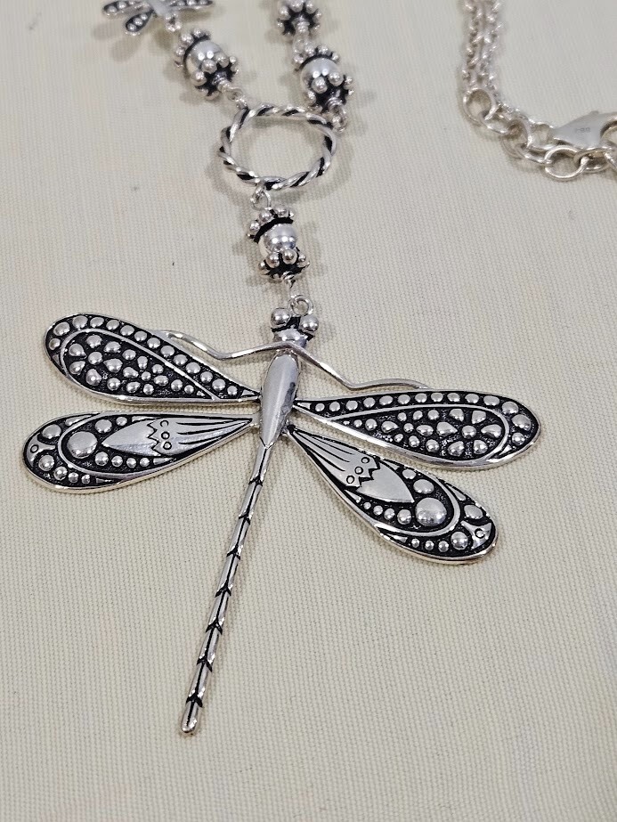 Vintage Sterling 925 Silver Pacific Style Dragonfly Necklace Signed BBJ Art Chic