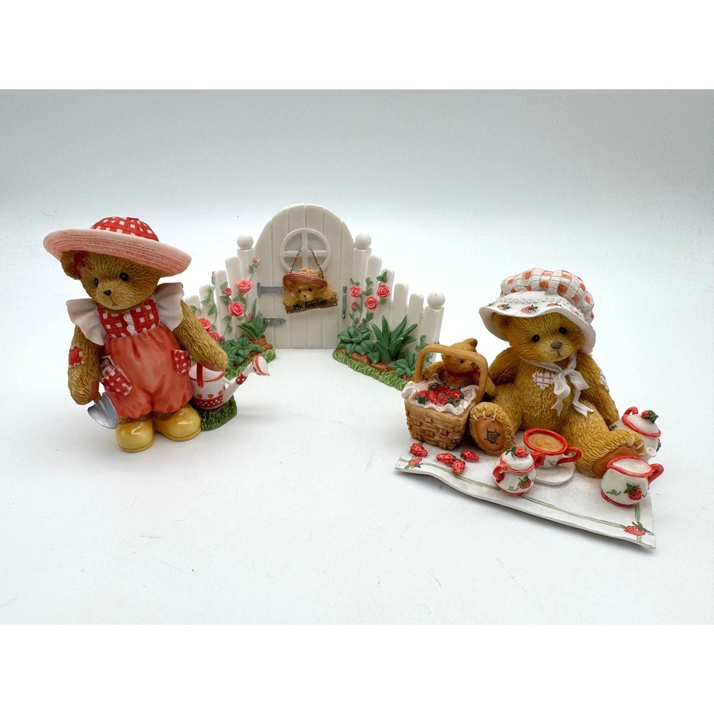 Cherished Teddies Bear Figurines Eloise and Her Garden Gate & Thelma