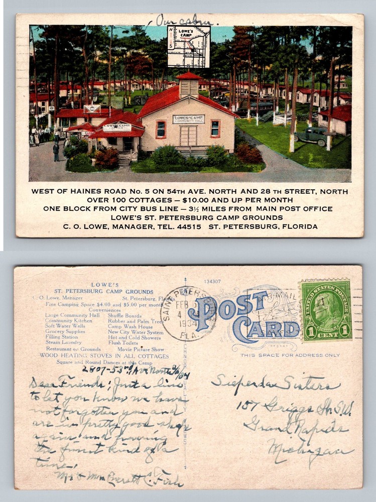 St. Petersburg, FL-Florida, Lowe's Camp Grounds Cottages Vintage c1934 Postcard