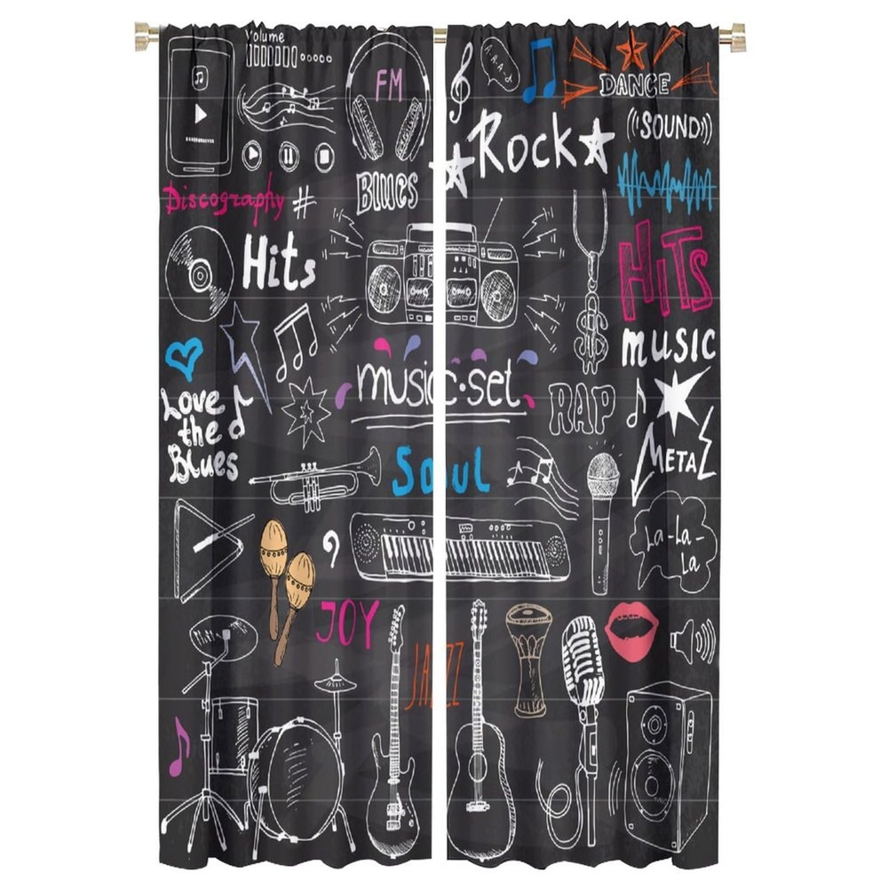 Funny Abstract Graffiti Music Note Polyester Fabric Curtains Colorful Design-image