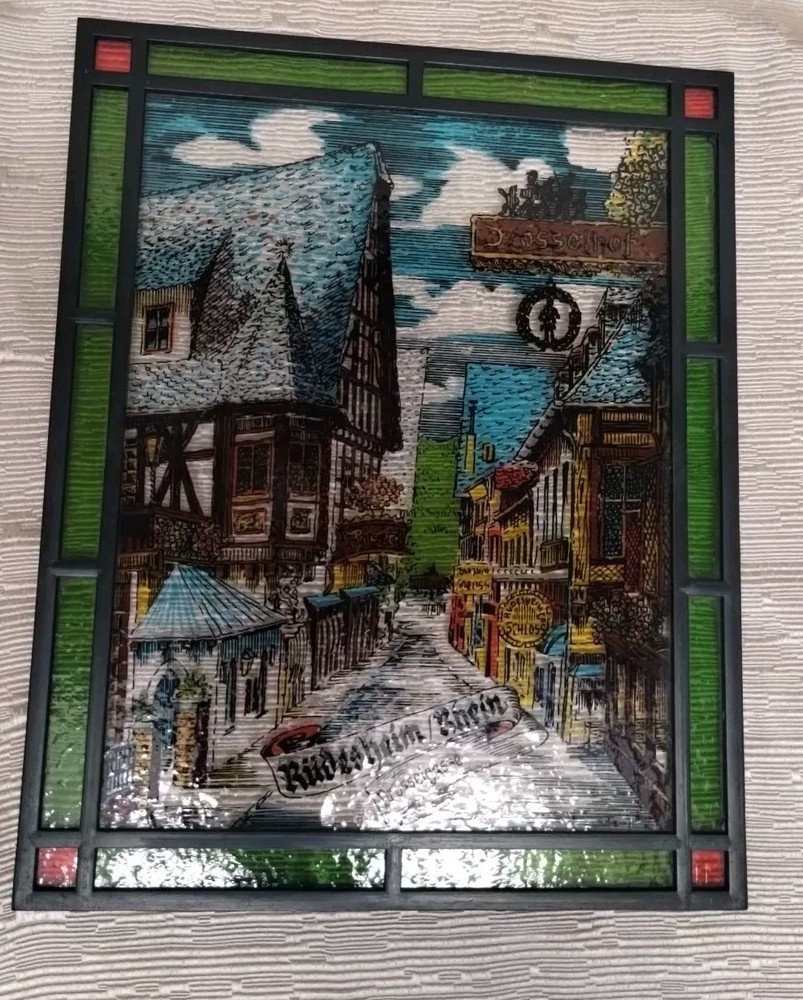 Antique German Stained Glass Rűdesheim/Rhein Drosselgasse by Johannes Schreiter