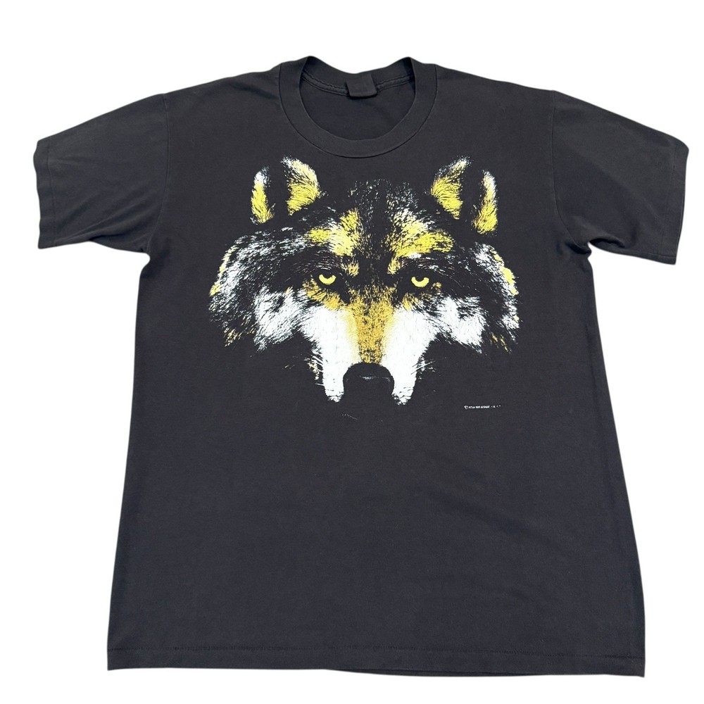 Vintage 90s Wolf T-Shirt Mens Large Black Faded Single Stitch Nature Graphic USA