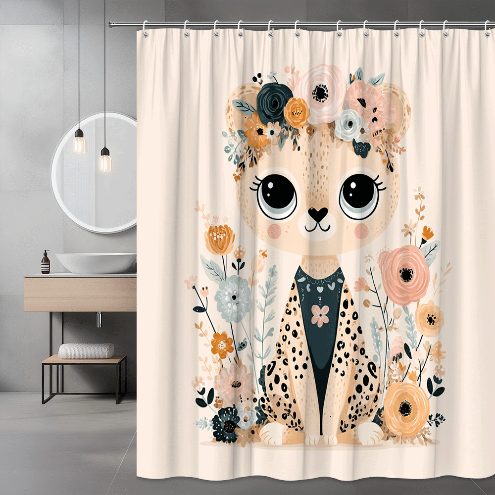 Cute Leopard Bear Floral Shower Curtain, Kids Animal Print
