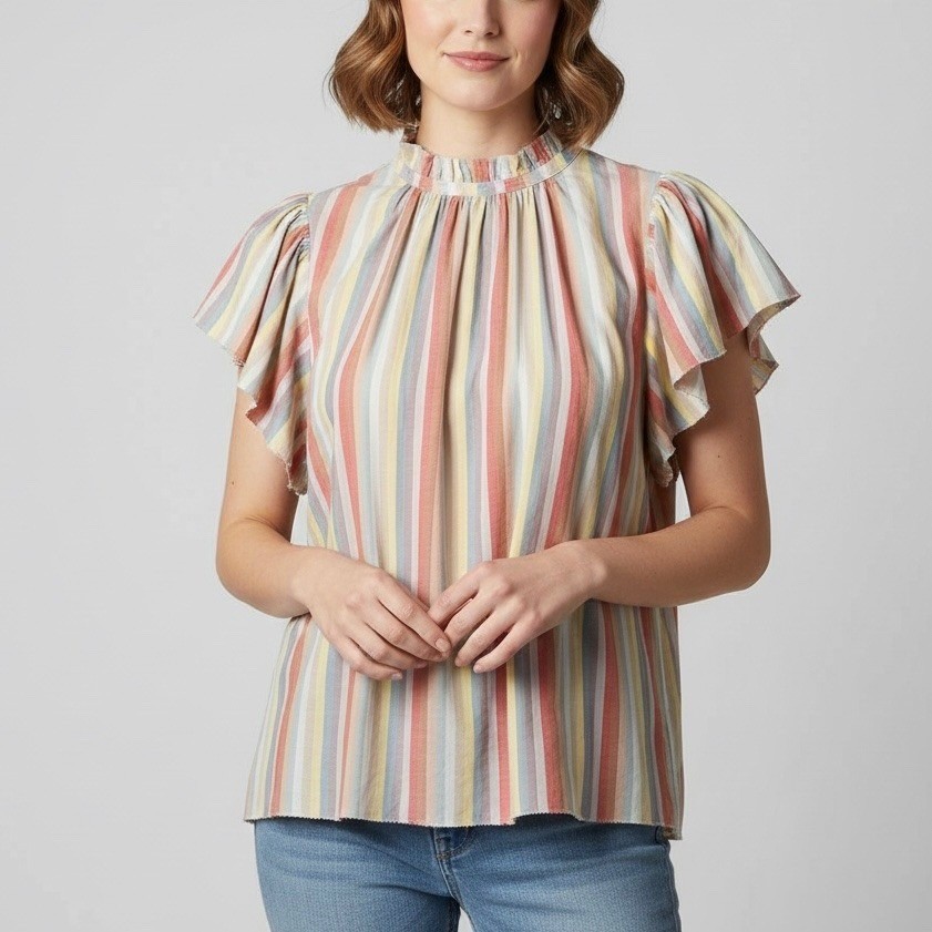 Trovata Birds of Paradis Carla Striped Ruffle Neck Flutter Sleeve Blouse Size XS