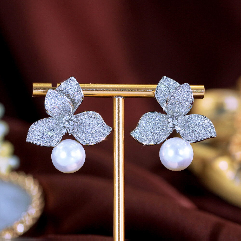 Chic Silver Plated CZ Big Flower Micro Pave Pearl Drop Earrings for Women Party