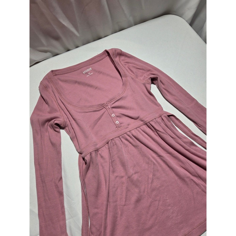 Hollister Ribbed Babydoll Tie Back Long Sleeve Henley Top Pink XS Coquette