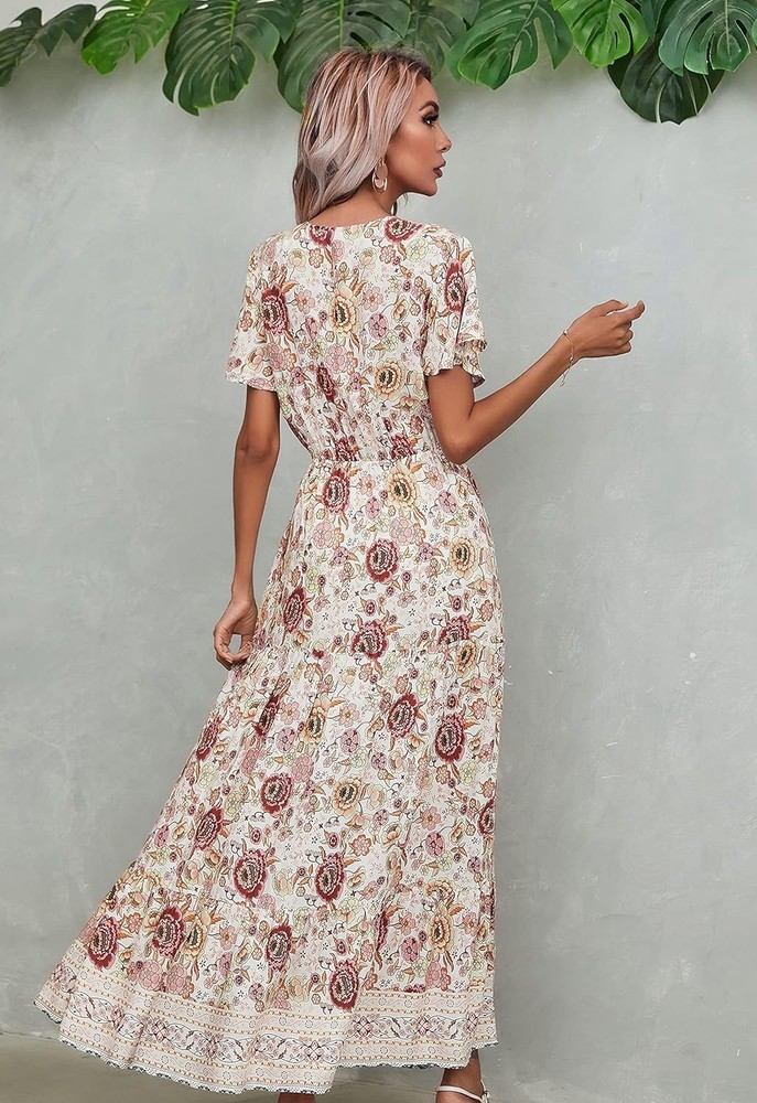 R.Vivimos Womens Summer Floral Print Cotton Short Sleeve Flowy Dress Size L