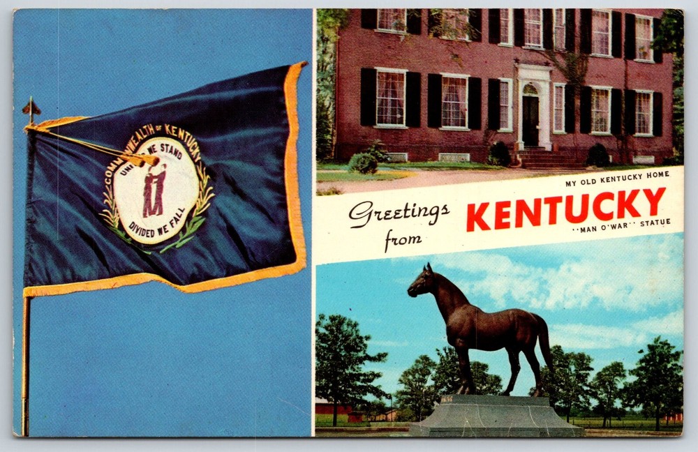 State Banners~Greetings From Kentucky~Old Home~Man O War Statue~Vintage Postcard