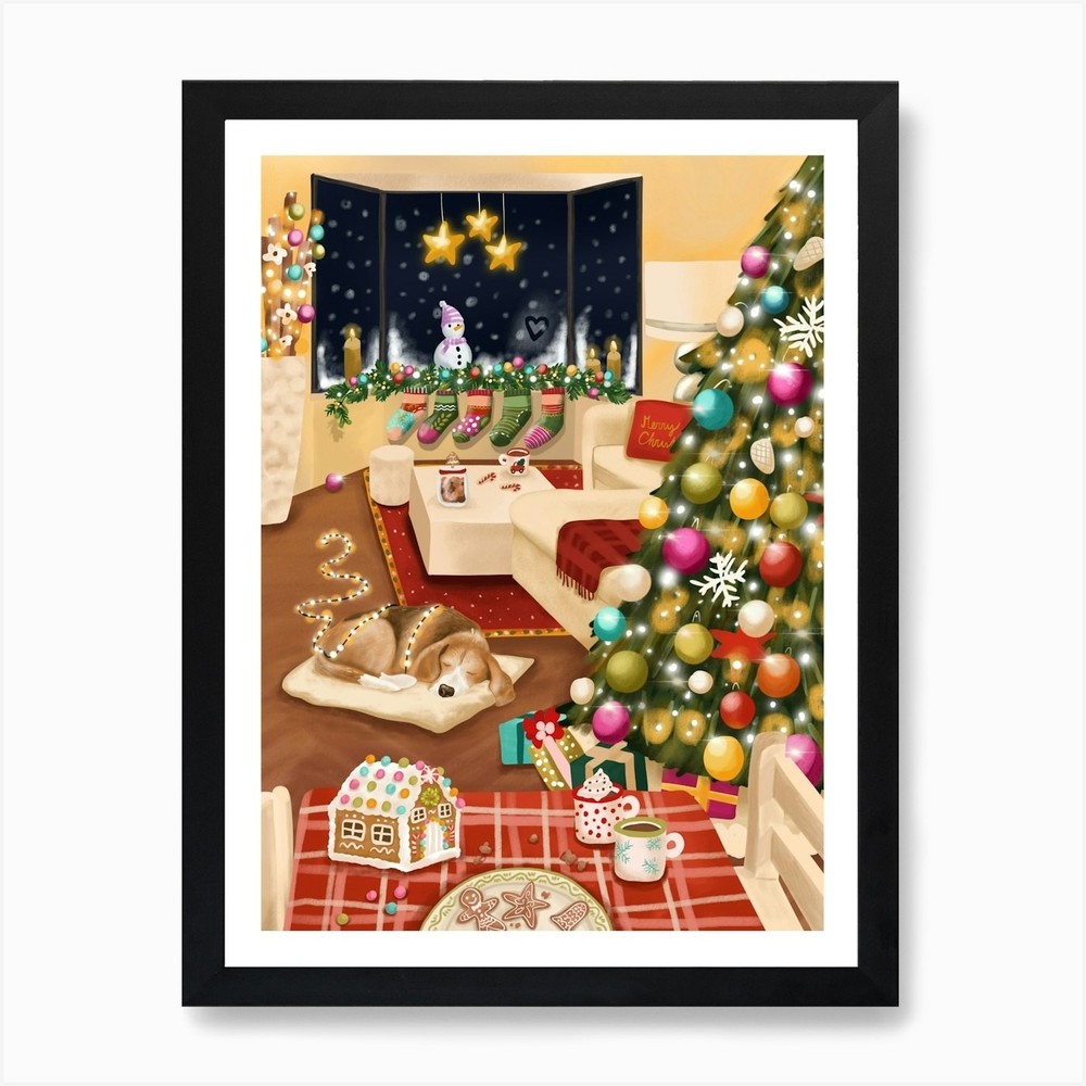 Cosy Christmas Tree with Beagle Dog Framed Wall Art Poster Canvas Print Picture
