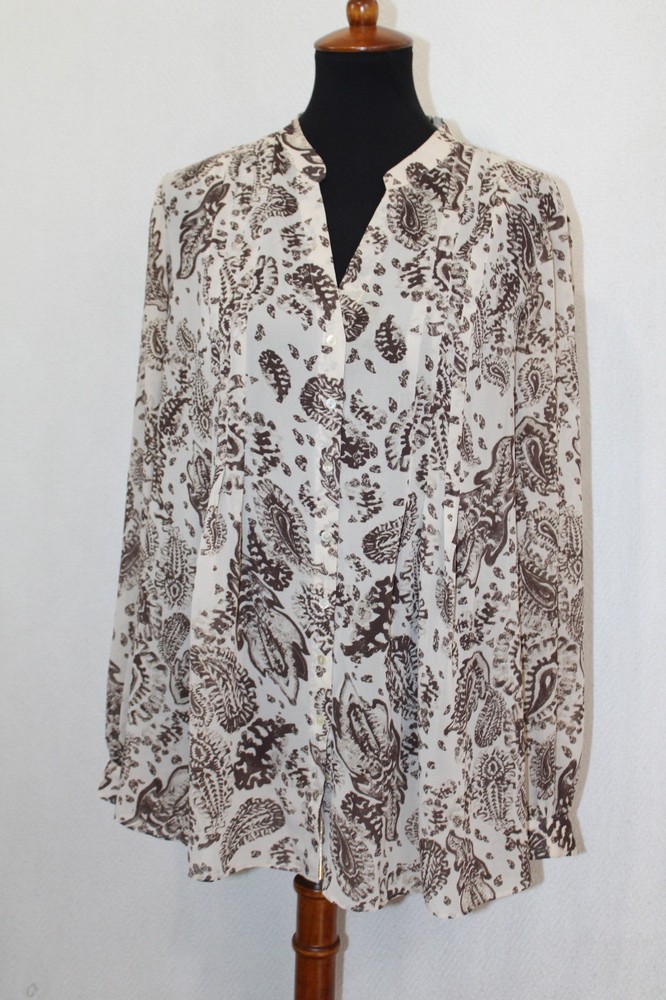 Knox Rose Size 1 Brown Paisley Print Sheer Pleated Long Sleeve Peasant Blouse