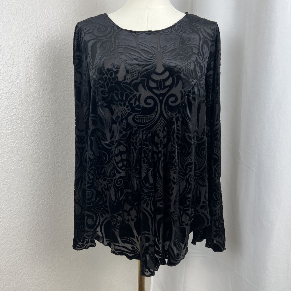Y2K Black Floral Velvet Burnout Top Medium Sheer Whimsigoth Fairy Core Flowy Blouse