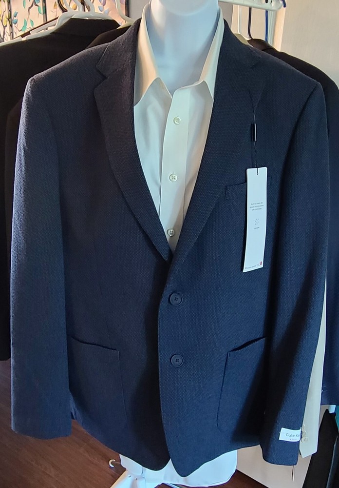 Calvin Klein Blazer 44R Slim Navy Blue Micro Houndstooth Wool Blend Coat NWT