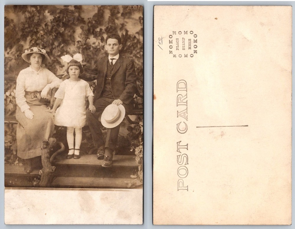 RPPC Antique Family Portrait Postcard Man Woman Child Boater Hat 1910s