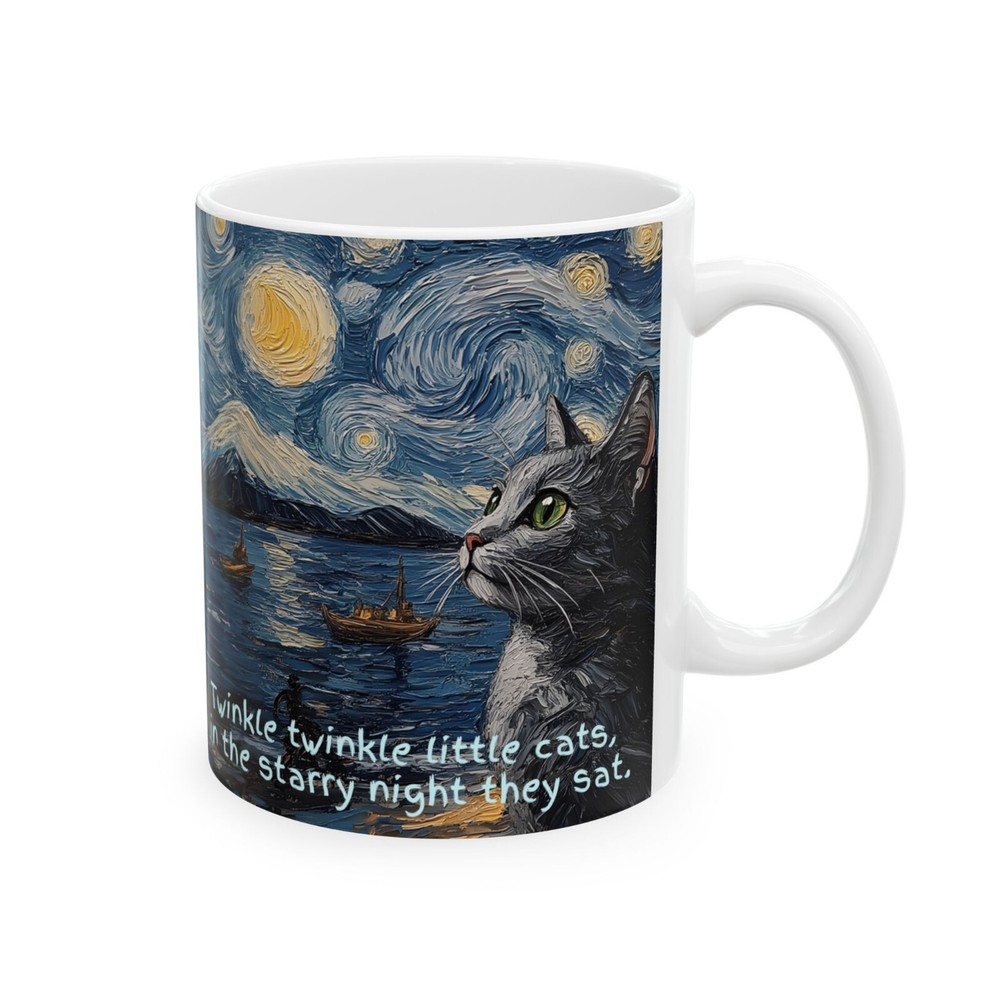 Starry Night Cats Ceramic Mug, 11 oz, Cat Lovers, Art Enthusiasts Gift
