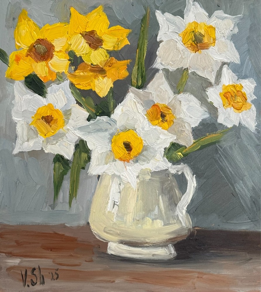 Blooming Flowers Daffodils Painting Original Oil Impressionism Signed Art