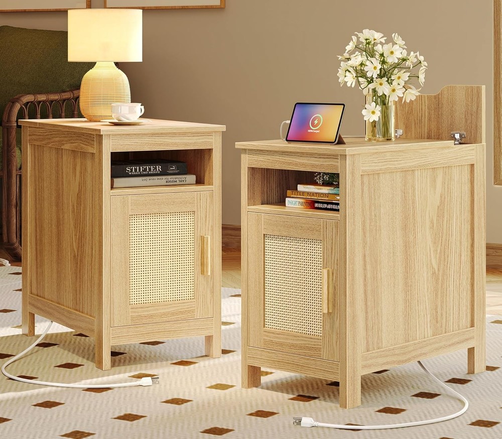Narrow Night Stand Set of 2, End Table with Charging Station, USB-C Port, Rattan