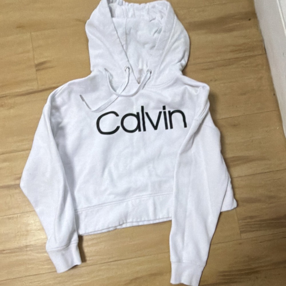 Calvin Klein Women's White Cotton Pullover Hoodie M Hooded Drawstring Logo