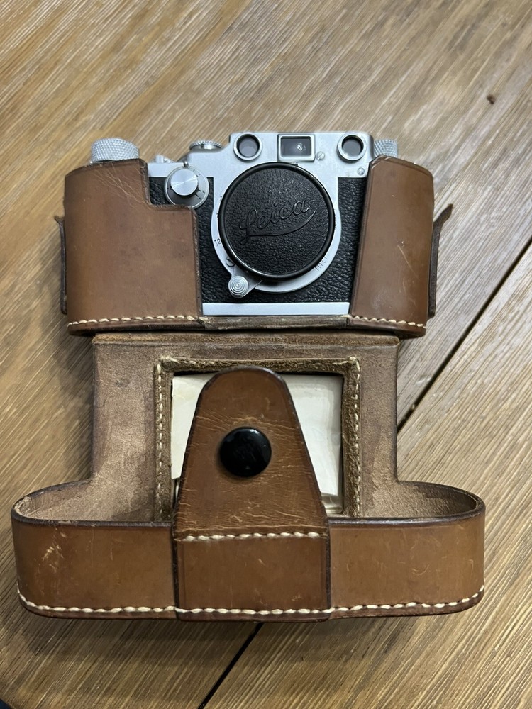 Leica IIIc vintage film camera Elmar 2.8/50mm lens, case, cap, and Records READ