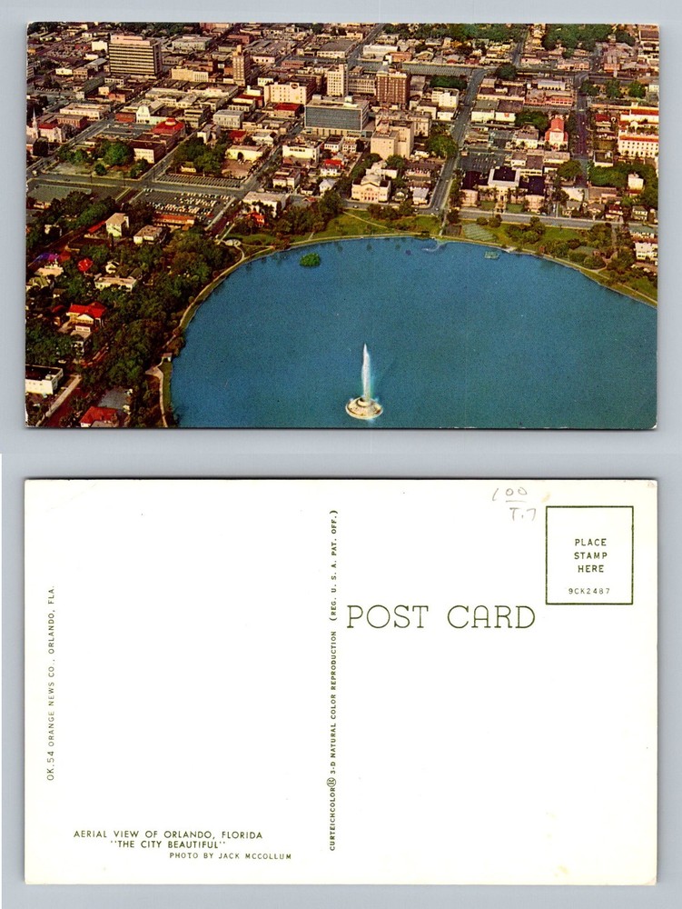 Orlando, FL-Florida, Downtown Aerial City Lake Eola Standard Vintage Postcard