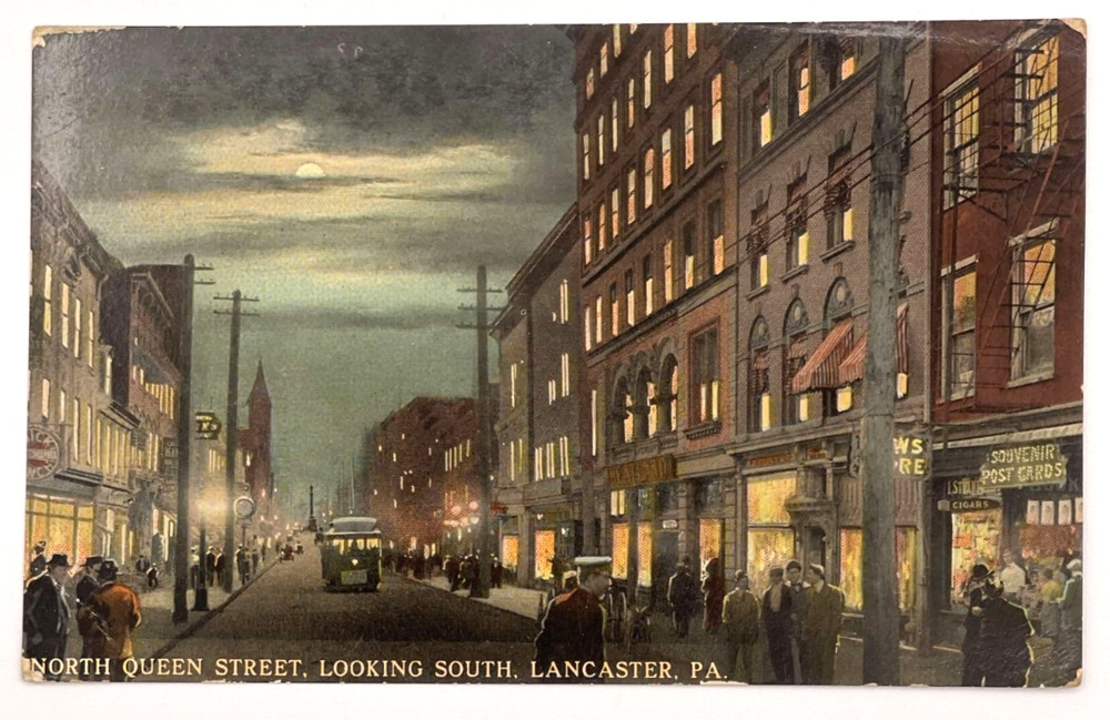 North Queen Street Lancaster PA Night View Street Car 1915 Postcard
